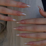 24Pcs Mid-length French Fake Nail with Silver Edge Design Round Head Almond False Nail Wearable Simple Finished Press on Nails