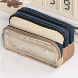 Color-Block Pen Bag Multi-Compartment Transparent Pocket Pencil Case Large Capacity with Zipper Multi-layer Pen Pouch