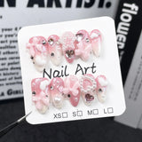 10Pcs Pink Almond Handmade Press on Nails Bow Fake Nails with Rhinestone Decoration Wearable Stick-on Nails False Nail