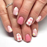 Flower Press on Nails Short Square Fake Nails with Pink Checkered Stick on Nail Cute Acrylic False Nail Spring Summer Nails