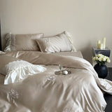 600TC Lyocell Bamboo Fiber Soft Silky Bedding Set Flowers Embroidery Lace Duvet Cover Flat/Fitted Bed Sheet Pillowcases 3/4Pcs