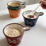 Ceramic Bowl with Handle Multifunctional Baking Bowl Oven Microwave Handmade French Tableware Coffee Cup Breakfast Cereal Bowl