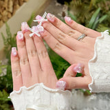 10pcs Sweet Pink Plaid Press on Nails Heart Butterfly False Nails French Bowknot Nail Cute Coffin Handmade Fake Nails for Girls