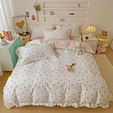 3/4Pcs Pastoral Floral Lace Ruffles 100% Cotton Bedding Set Single Queen Duvet Cover Bed Skirt/Bed Sheet/Fitted Sheet Pillowcase