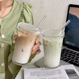Glass Coffee Mug with Straw Transparent Straw Glass Mug with Lid Household Vertical Stripe Water Mug Drinkware