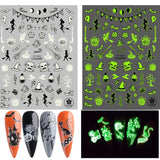 3D Luminous Nail Stickers Decals Black White Spider Web Skull Alien Planet Glow In The Dark Halloween Manicure Foils Tattoo Tips