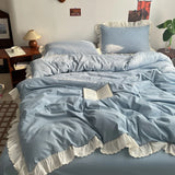 Korean Princess Style Lace Ruffles Soft Washed Cotton Skin-friendly Bedding Set Duvet Cover Bed Sheet/Fitted Sheet Pillowcases