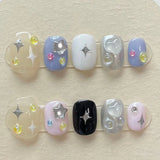 10Pcs Handmade Press on Nails Full Cover Cat Eye Star Rhinestone Sweet Cool French Ballet Jump Color Fake Nail Wearable Manicure
