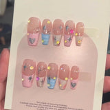 Cute French Handmade Press on Nails Glitter Red Powder Blusher Sweet Coffin Fake Nail Full Cover Heart Diamond Design Nails Tips