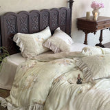 4Pcs Lyocell Soft Silky Cooling Vintage Lace Ruffles Floral Prints Bedding Set Duvet Cover Bed Sheet/Fitted Sheet Pillowcases