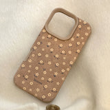 Retro Autumn Full Screen Yellow Flowers Suede Leather Texture Phone Case for iPhone 16 15 14 13 12 11 Pro Max Shockproof Cover