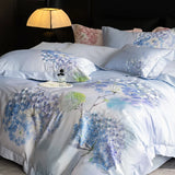 Premium 1000TC Egyptian Cotton Flowers Print With Embroidery Bedding Set Duvet Cover Set Flat/Fitted Bed Sheet Pillowcases 4Pcs