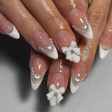 24Pcs Almond Strawberry False Nails Press on Nails Full Cover Sweetness Bow Tie Design Pearl French Wearable Manicure Nail Tips