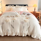 Flowers Embroidery Ruffles Thickened Soft Warm Velvet Bedding Set Queen King Size Plush Duvet Cover Set Bed Sheet Pillowcases