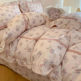 4Pcs Korean Princess Style Floral Ruffles 100% Cotton Bedding Set Queen King Size Duvet Cover Bed Sheet/Fitted Sheet Pillowcases