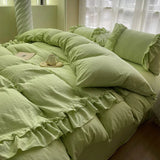 INS Princess Grey Bedding Sets 2025 Solid Color Ruffle Quilt Cover Romantic Bed Sheet Sets Girls Bedroom Duvet Cover 4pcs