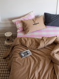 Ikeehome  Thiened Cotton Flannel Plaid Four-Piece Bedding Set Warm Stripe Pattern Student Bed eet Cover Duvet Cover Bedding