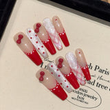 10pcs Plaid Cat's Eye Handmade Fake Nails Long Coffin Wine Red Bowknot Decor Press On Nails Removable French False Nails Ballet