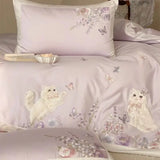 60S Egyptian Cotton Cute Cat Embroidery Purple Floral Butterfly Bedding Set Duvet Cover Bed Sheet/Fitted Sheet Pillowcases 3/4Pc