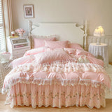 100% Cotton Flowers Lace Embroidery Ruffles Princess Weding Bedding Set Duvet Cover Quilted Bed Skirt Bedspread Pillowcases 4Pcs