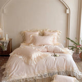 100S Egyptian Cotton Princess Wedding Bedding Set Lace Floral Embroidery Chiffon Ruffle Duvet Cover Bed Sheet Pillowcases 4Pcs