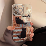 Korean Black Cat Leopard Splicing Phone Case For iPhone 11 12 13 14 15 16 Pro Max XS XR X 7 8 Plus Glitter Lens Protective Cover