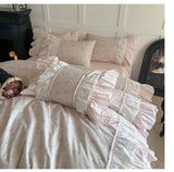Pink Floral Double Layer Lace Ruffles 100% Cotton Bedding Set Duvet Cover Set Bed Sheet/Bed Skirt/Fitted Sheet Pillowcases 4Pcs