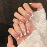 Ballet Milk White French Handmade False Nails Wearable Almond Blush Gradient Fake Nails With Flash Glass Cat's Eye Designs 10pcs