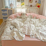 Princess Style Cartoon Floral Ruffles Bedding Set Washed Cotton Duvet Cover Bed Sheet Pillowcases Single Full Queen Size 3/4Pcs