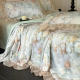 Silky Soft Cooling Summer Quilt Set Flat sheet 2 Pillowcases for Hot Sleepers Flowers printed Lace Blanket 200x230cm Queen Size