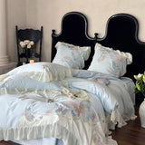 Vintage French Lace Ruffles Butterfly Embroidery Bedding Set 100S Egyptian Cotton Duvet Coves Bed Sheet Pillowcases