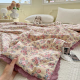 Princess Summer Quilt Washed Cotton Air Conditioner Student Dormi Thin Quilt With Lace Skin-friendly Soft Blanket Home Textiles