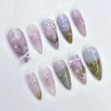 24Pcs/Box Shiny Cute False Nails French Almond Nails Simple Heart Design Sweet Press on Nails Full Cover Wearable Manicure Art