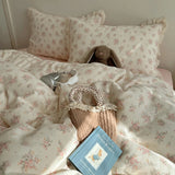 Ins Bedding Set Princess Floral Lace Simple 4pcs Bedding for Girls Woman Quilt Cover Sheet And Pillowcase Spring Home Textiles