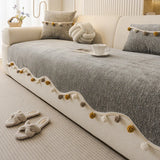 Irregular Solid Chenille Sofa Cushion with Fur Ball Non-Slip Couch Slipcover for Four Seasons Dustproof Anti-Dirt Sofa Towel