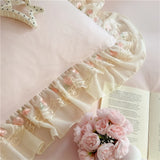 4Pcs Princess Wedding Bedding Set Korean Style Lace Flowers Embroidery Duvet Cover Bed Sheet/Fitted Sheet/Bed Skirt Pillowcases