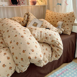Bedding Set Double Layered Yarn INS Girls Mushroom Soft Washed Cotton Bed Sheet Queen King Size Duvet Set Pillowcase Bed Sheet
