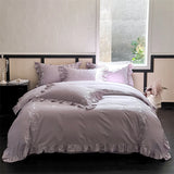 Flowers Embroidery Ruffles Purple Luxury Bedding Set 1000TC Egyptian Cotton Duvet Cover Flat/Fitted Bed Sheet Pillowcases 4Pcs