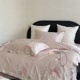 Premium 600TC Egyptian Cotton Luxury Flowers Butterfly Embroidery Pink Bedding Set Duvet Cover Flat/Fitted Sheet Pillowcase 4Pcs