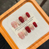 10pcs Glitter Cat Eye Pearl Design Fake Nails with Glue Handmade Press on Nails Short Round Bling Wearable Full Cover Manicures