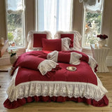 1200TC Egyptian Cotton Lace Ruffles Princess Wedding Style Pink Bedding Set Duvet Cover Flat/Fitted Bed Sheet Pillowcases 4Pcs