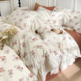 3/4Pcs Vintage French Floral Ruffles Knitted Cotton Double Yarn Soft Skin-friendly Bedding Set Duvet Cover Bed Sheet Pillowcases