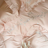 4Pcs Pink Rose Flowers Embroidery Ruffles 1000TC Egyptian Cotton Bedding Set Duvet Cover Set Bed Sheet/Fitted Sheet Pillowcases
