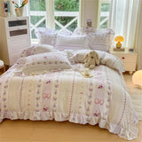 Flower Skin-friendly Washed Cotton Bedding Set Duvet Cover Set Korean Lace Ruffles Quilt Cover Soft Cover Bed Linen Pillowcases