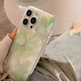 Green Gradient Butterfly Pattern Phone Case For iPhone 16e 11 12 13 14 15 16 Pro Max XR XS X 7 8 Plus Shockproof Glitter Cover