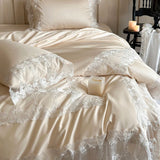 Romantic White Flowers Lace Princess Wedding Bedding Set 100S Egyptian Cotton Duvet Cover Flat/Fitted Bed Sheet Pillowcases 4Pcs