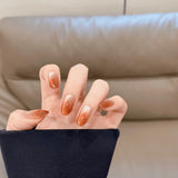 10Ppcs Minimalist French Stick on Nails Gradient Crystal Cat Eye Fake Nails Nude Rhinestone False Nail Short Oval Press on Nails