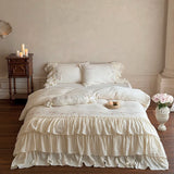 Soft Washed Cotton Bedding Sets Luxury Flowers Embroidery White Princess Duvet Cover Bed Sheet Pillowcases Home Textiles