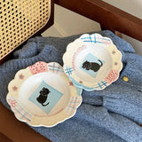 Cream Cheese Hand Drawn Patchwork Plaid Bow Cat Dessert Ceramic Bowl and Plate Gift Tableware