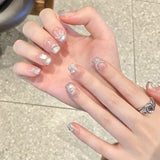 10pcs Cat Eye Handmade Press on Nails Short Square False Nail Bow Pearl Fake Nail Crystal Flower Full Cover French Acrylic Nails